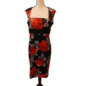 Nine West Floral Dress Size 12 Womens Black & Red Floral Polyester Spandex #L68